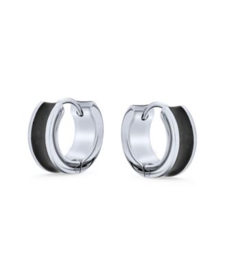 Set of 2 Two Tone Striped Black Enamel Huggie Hoop Earrings Stainless Steel