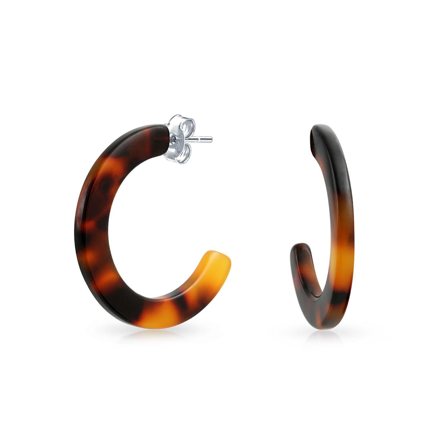 Fashion Brown Faux Tortoise-Shell Hoop Stud Earrings 1" Stainless Steel