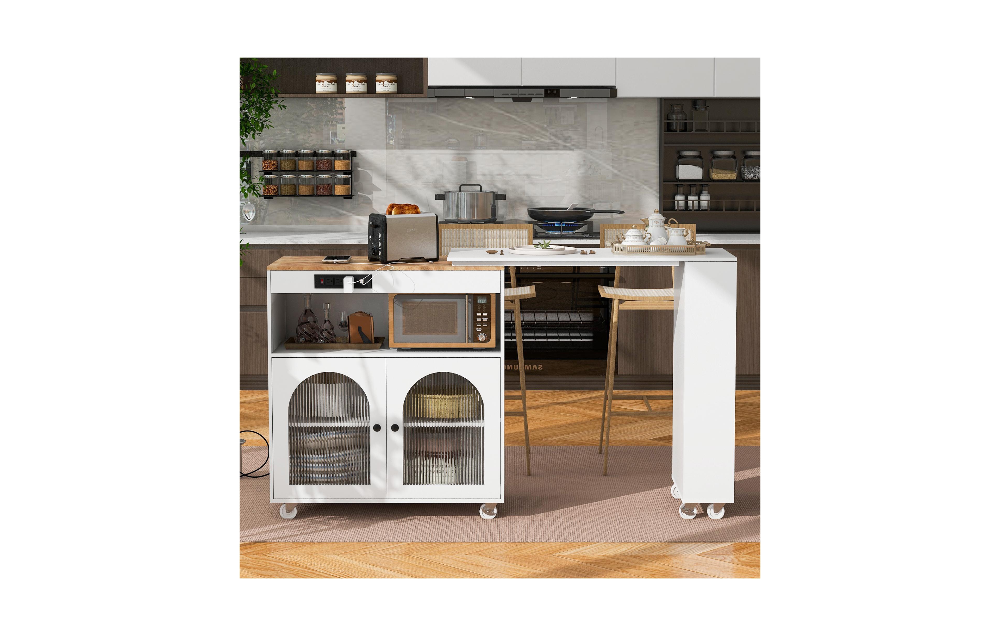 Rolling Kitchen Island With Extended Table with Led Lights Navy