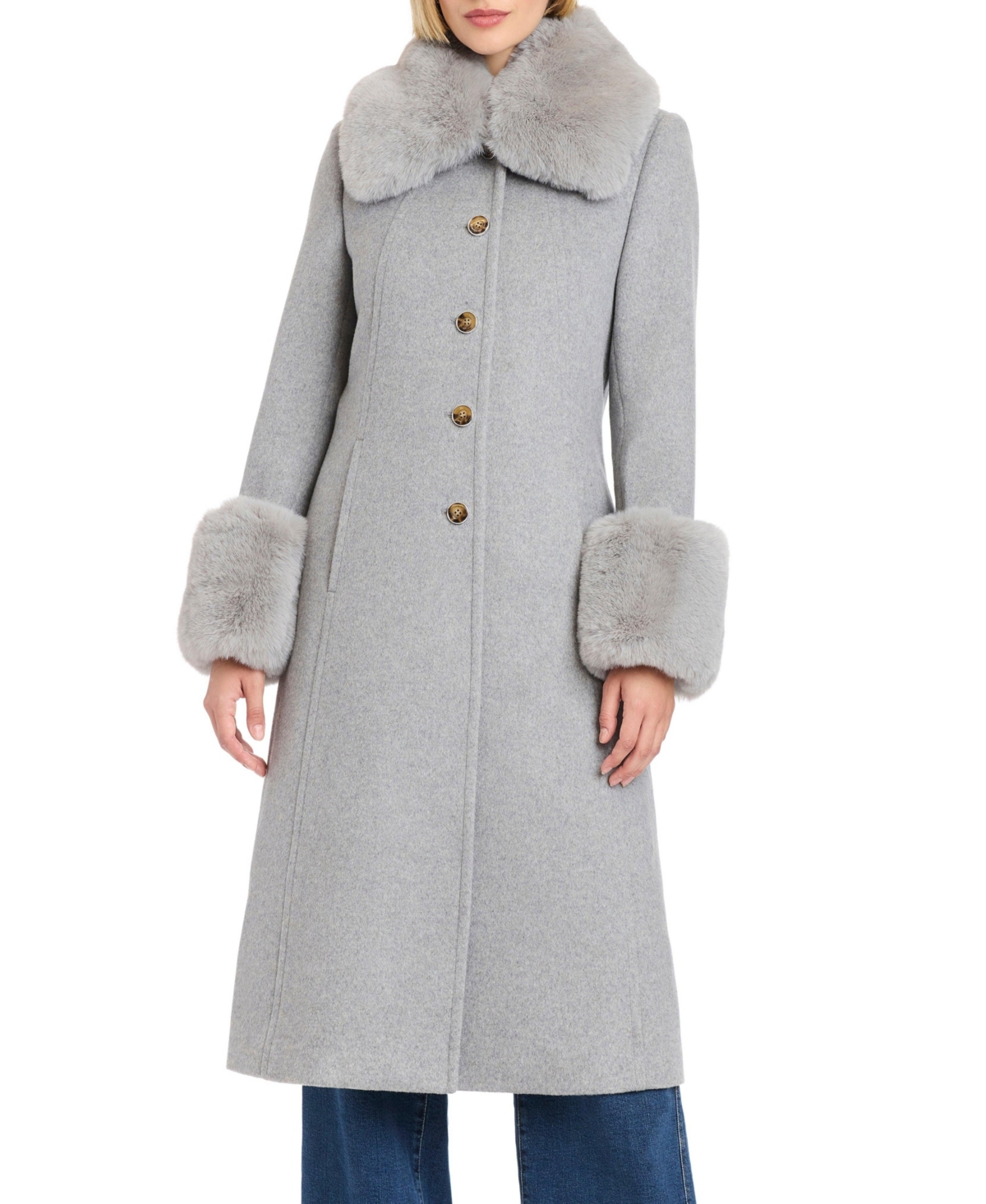 Vince Camuto Wool Blend Coat With Removable Faux Fur Collar And Cuffs In Gray