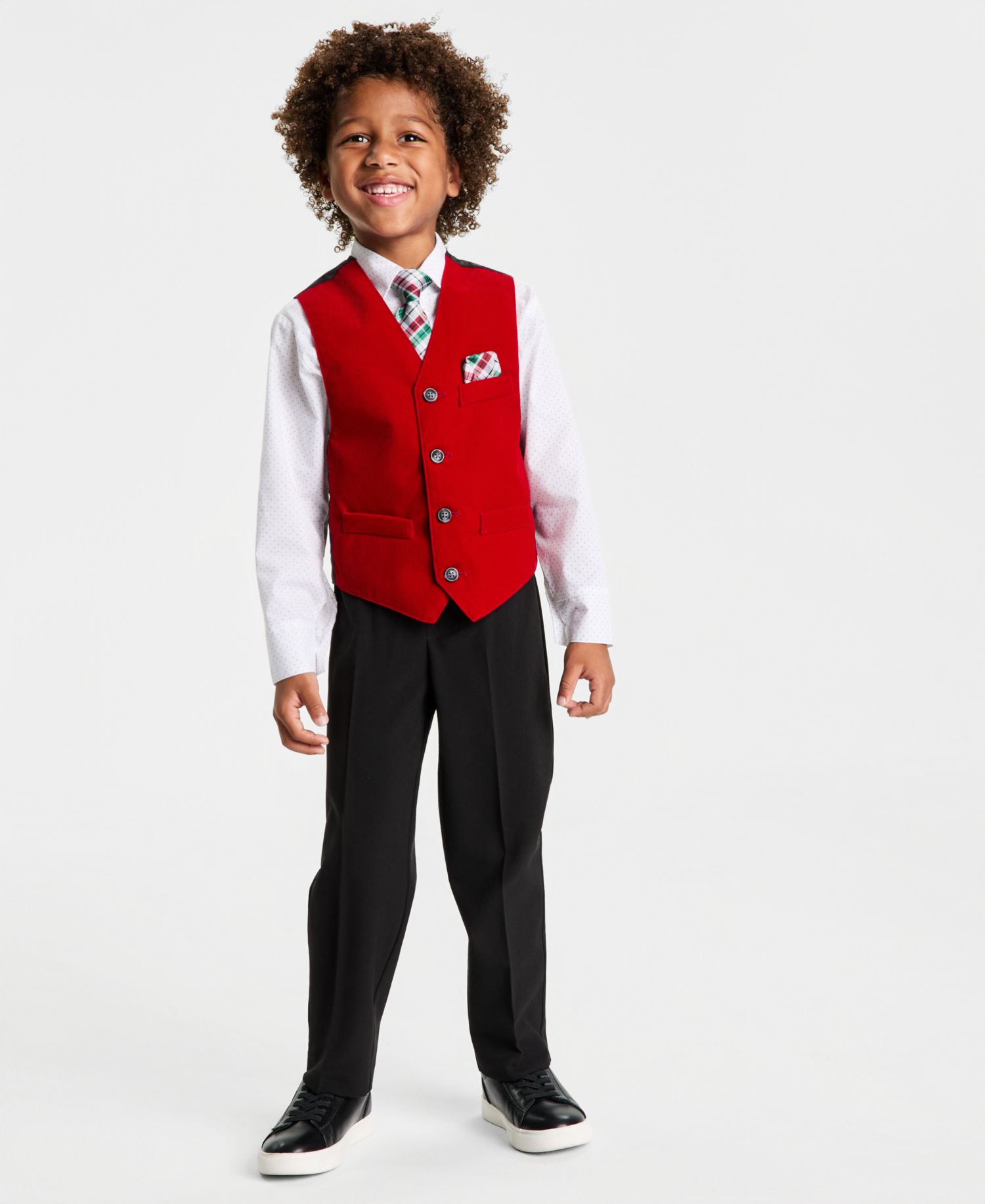 Boys' 2T-7 Red Velvet Vest, Shirt, Tie and Pants, 4-Piece Set
