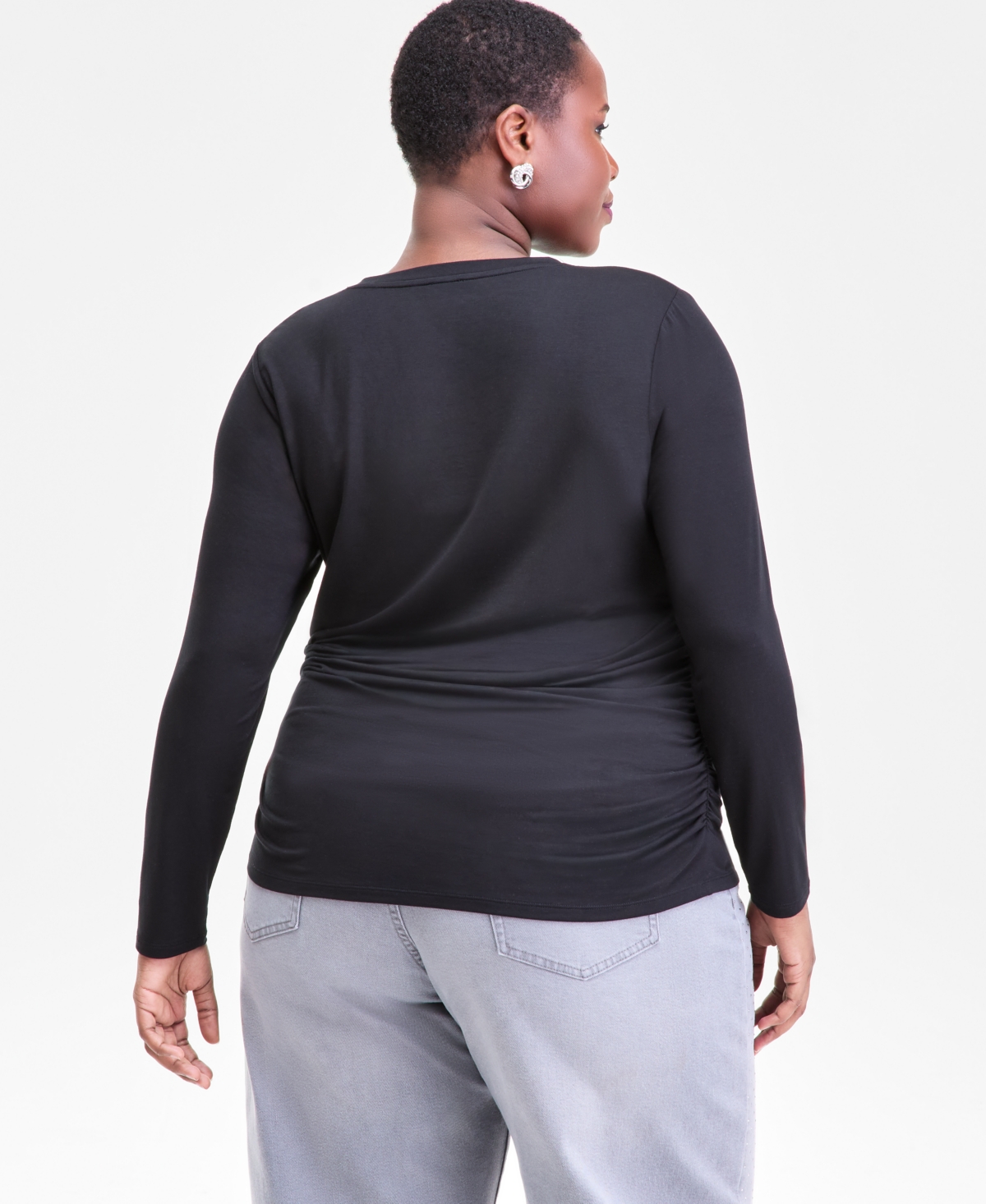 Inc International Concepts Plus Size V-neck Long-sleeve Layering Top, Macy's Exclusive In Black