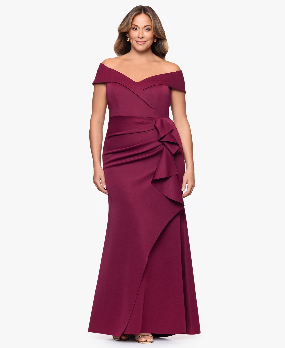 Xscape Plus Size Off-the-shoulder Scuba Crepe Gown In Burgundy