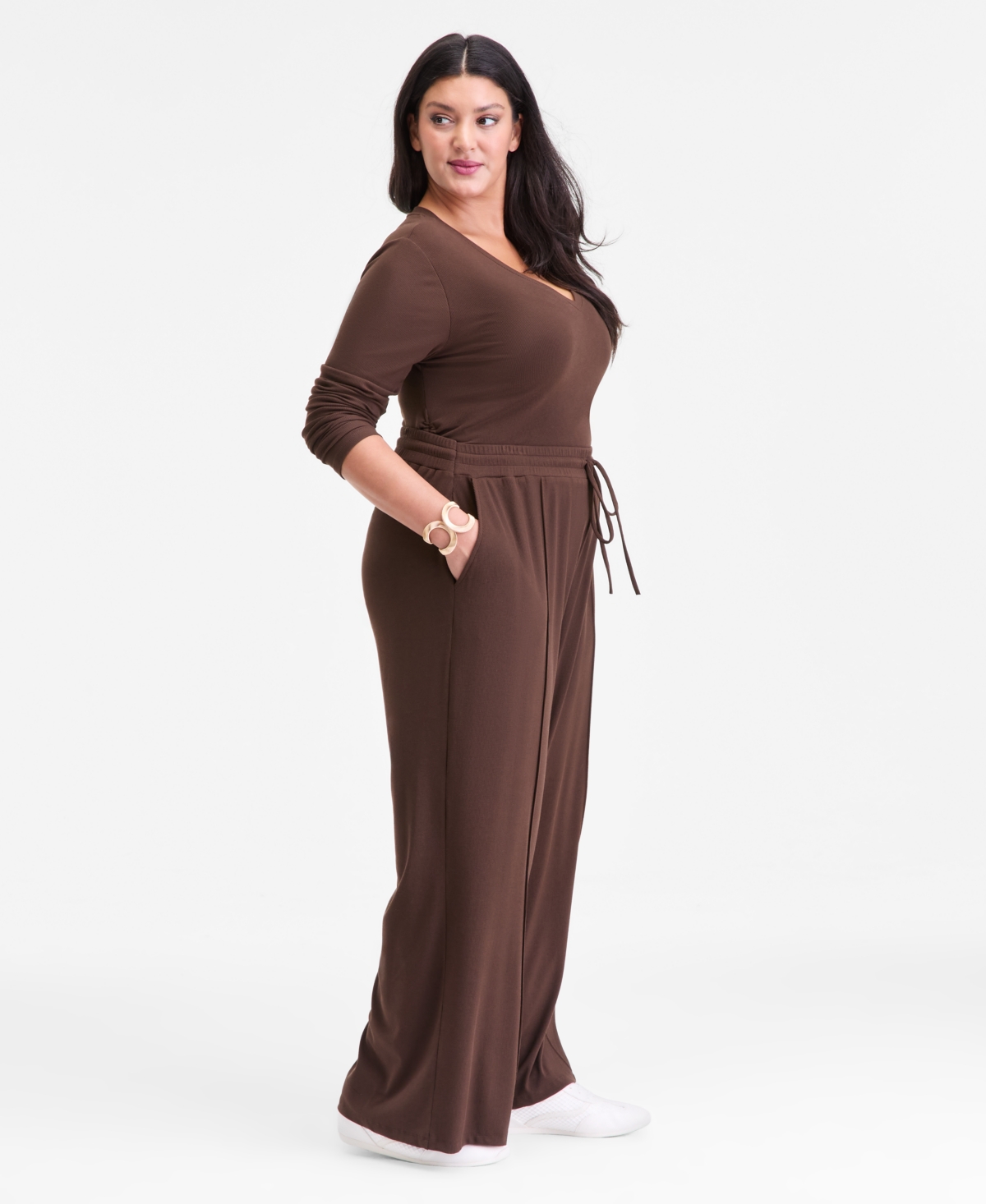 Inc International Concepts Plus Size Ribbed Wide-leg Drawstring Pants, Macy's Exclusive In Brown
