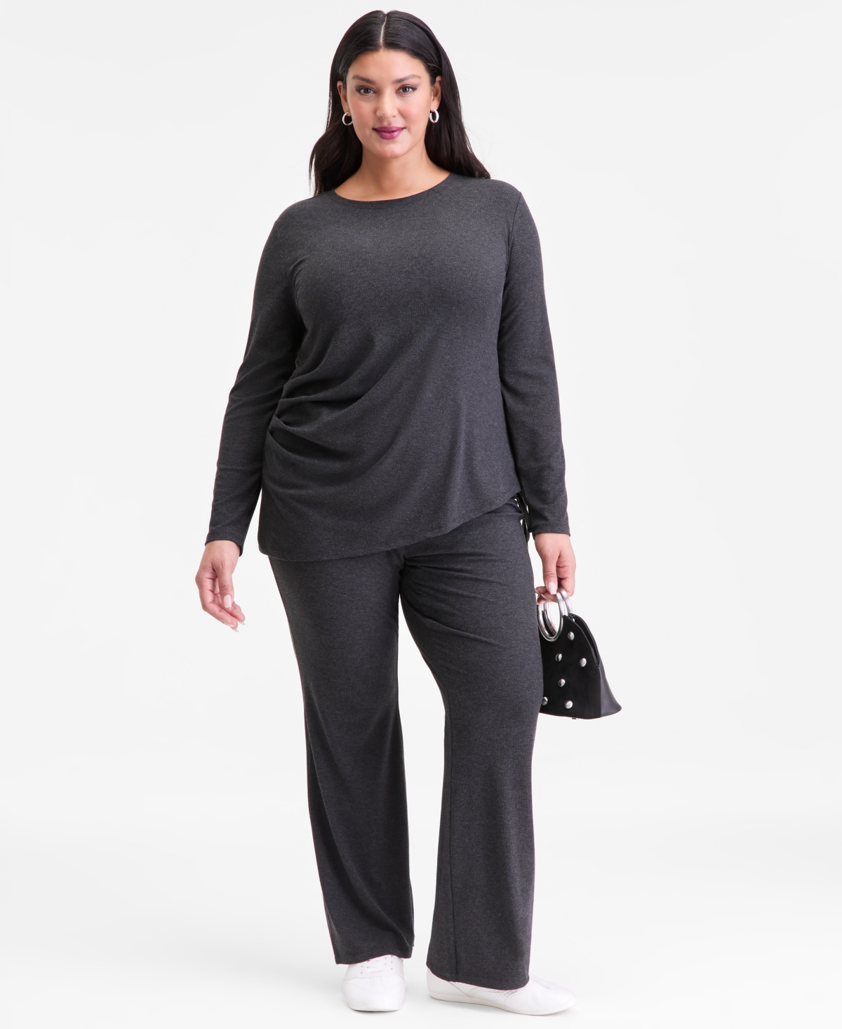 Inc International Concepts Plus Size Ribbed Asymmetrical-hem Top, Macy's Exclusive In Black