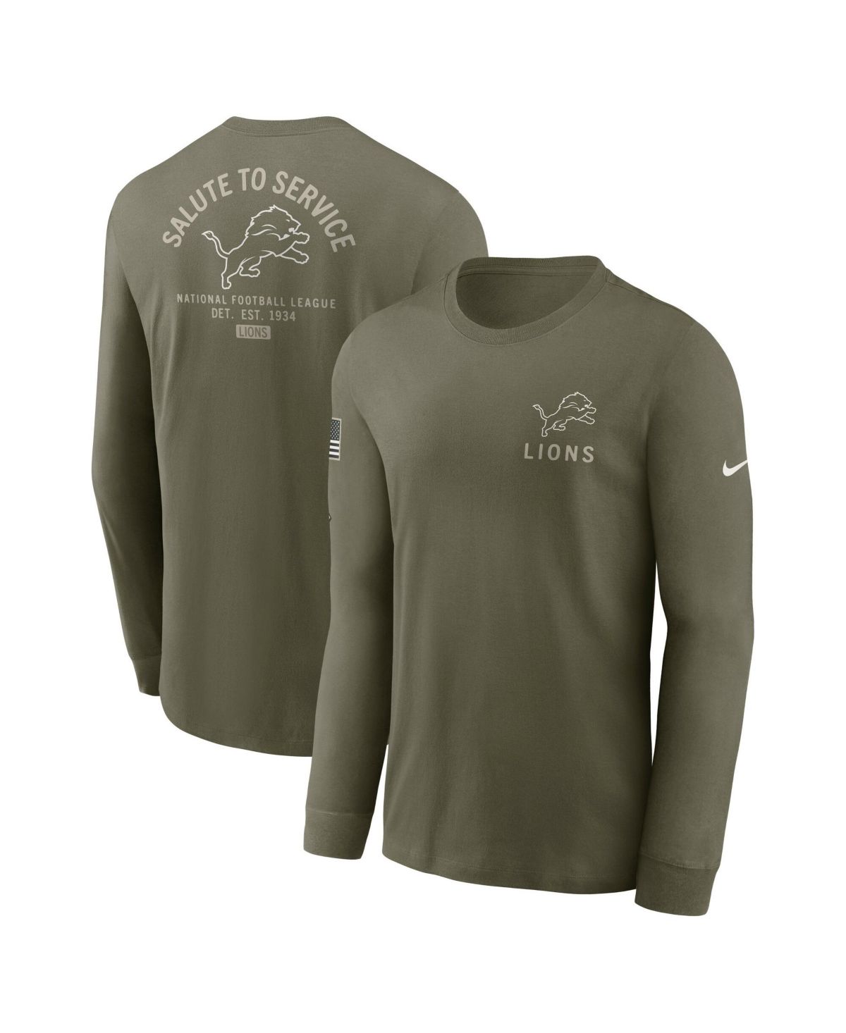 Мужская оливковая футболка с длинным рукавом Detroit Lions 2025 Salute to Service