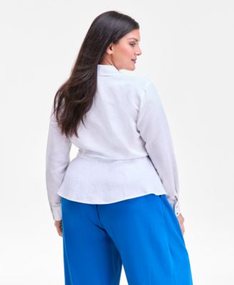 Plus Size Linen-Blend Tied Surplice Top, Exclusively at Macy's