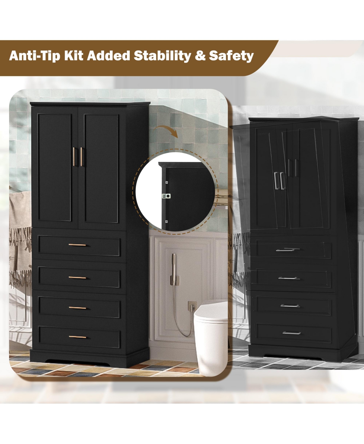 Lovmor 72inch Tall Freestanding Bathroom Cabinet with 3 Drawers Partitioned Standard Deep Adjustable Shelf Modern Elegant Style Soft Close Doors