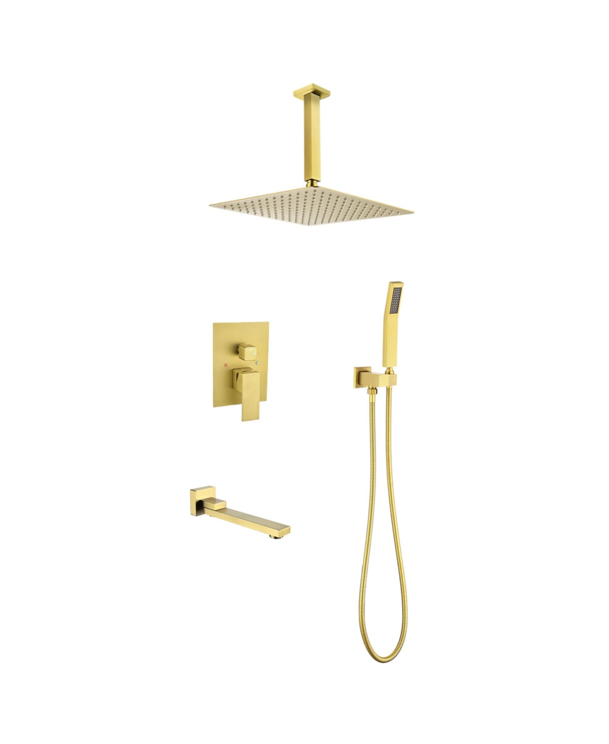 Rainsken Ceiling Mount Shower Faucet Set, Rain Mixer Shower Combo Set with Hand Shower, 16 inch Shower Head and Tub Spout, Brushed Gold