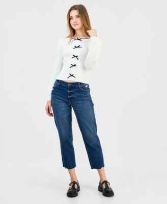 Juniors' Crewneck Bow-Trim Long-Sleeve Sweater 