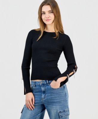 Juniors' Scoop-Neck Rhinestone-Bow-Trim Sweater 