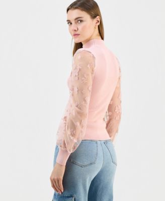 Juniors' Mock-Neck Mesh Floral Flocked-Sleeve Top