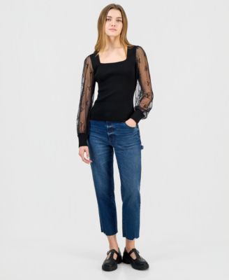 Juniors' Square-Neck Bow-Mesh Sleeve Top