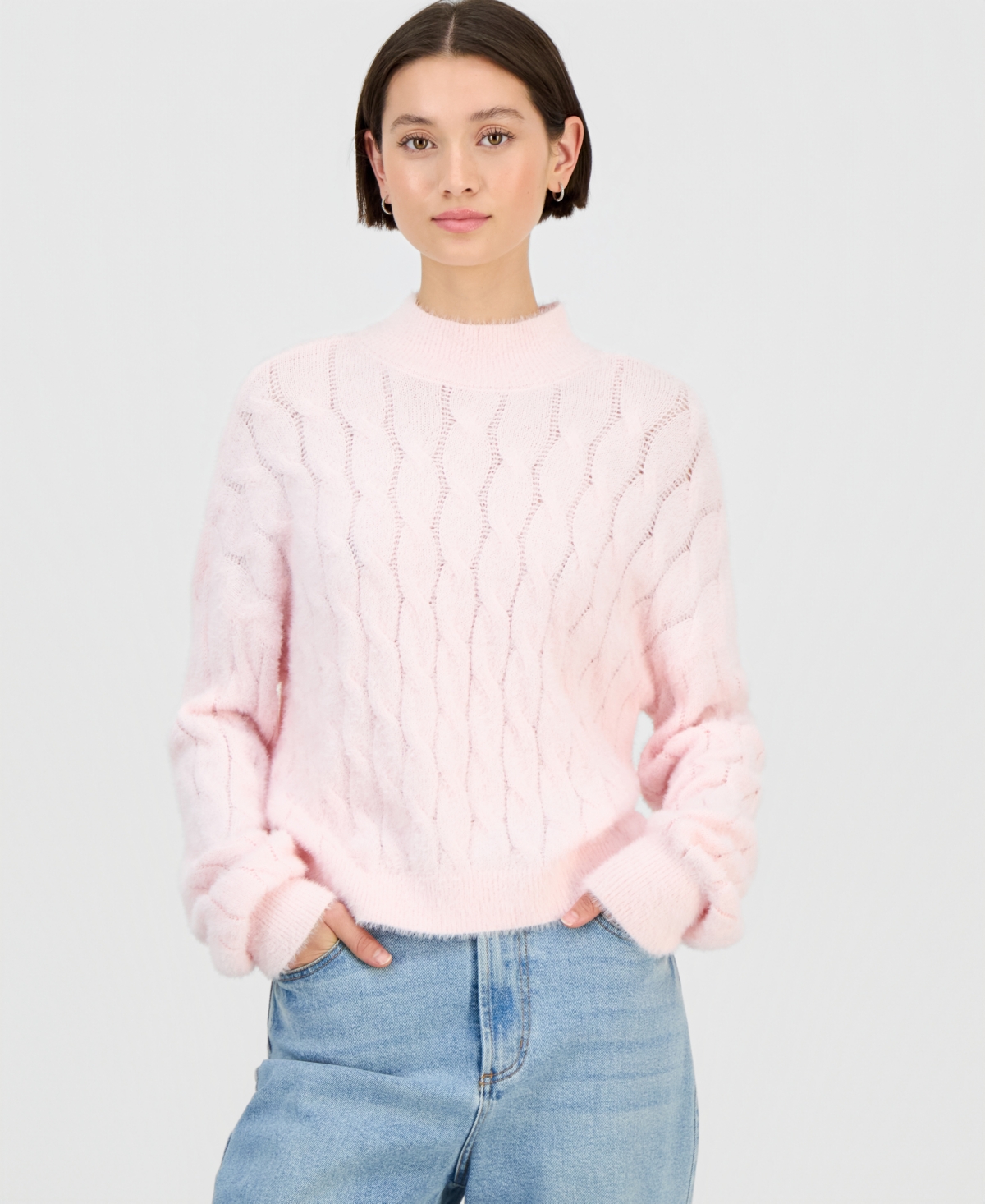 Hippie Rose Juniors' Mock-Neck Eyelash-Cable Knit Sweater