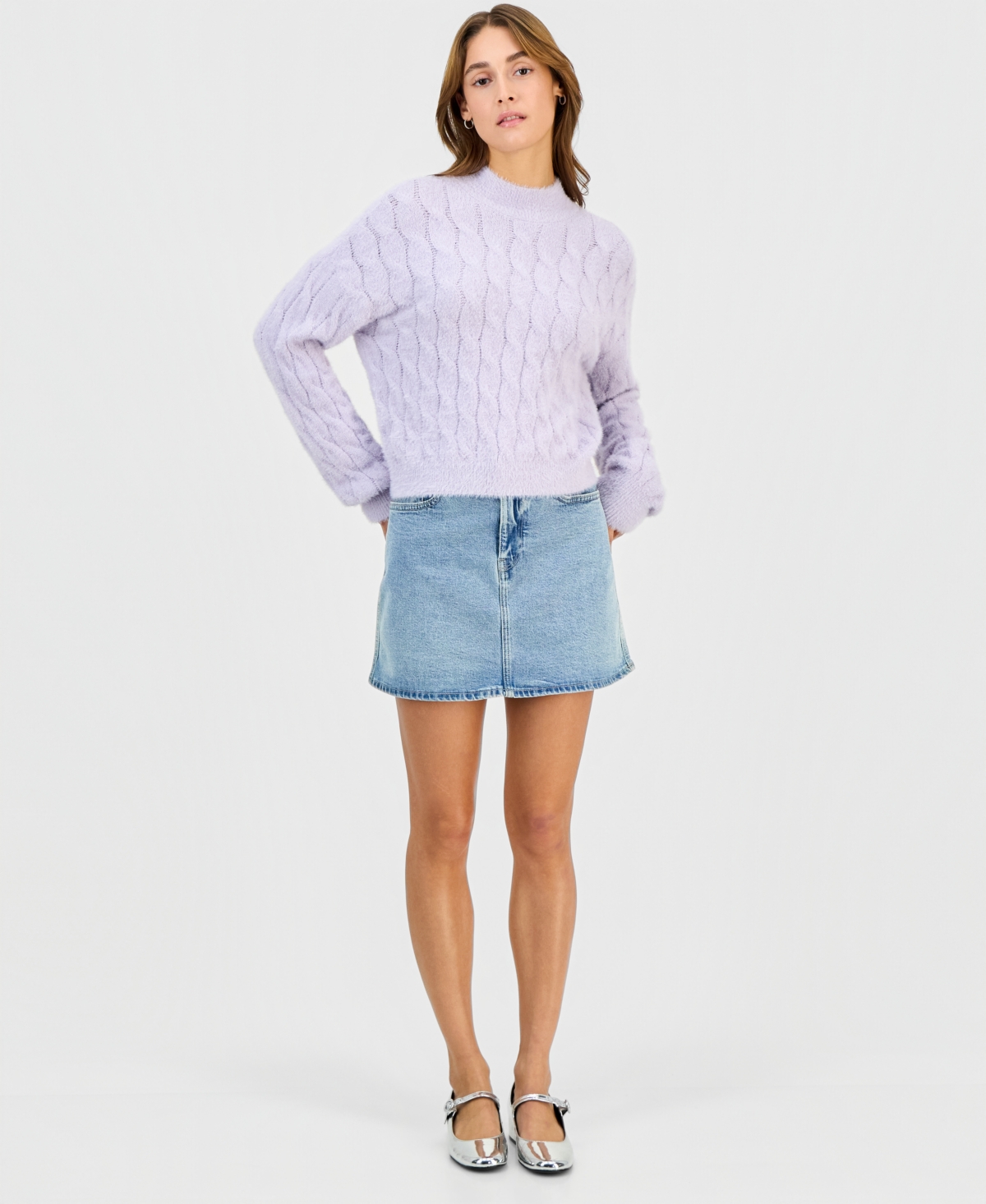 Hippie Rose Juniors' Mock-neck Eyelash-cable Knit Sweater In Purple