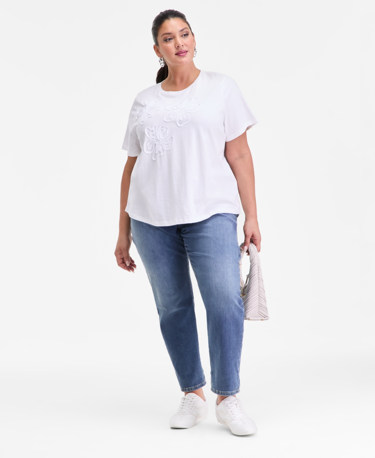 Inc International Concepts Plus Size Cotton Floral-soutache Top, Macy's Exclusive In White