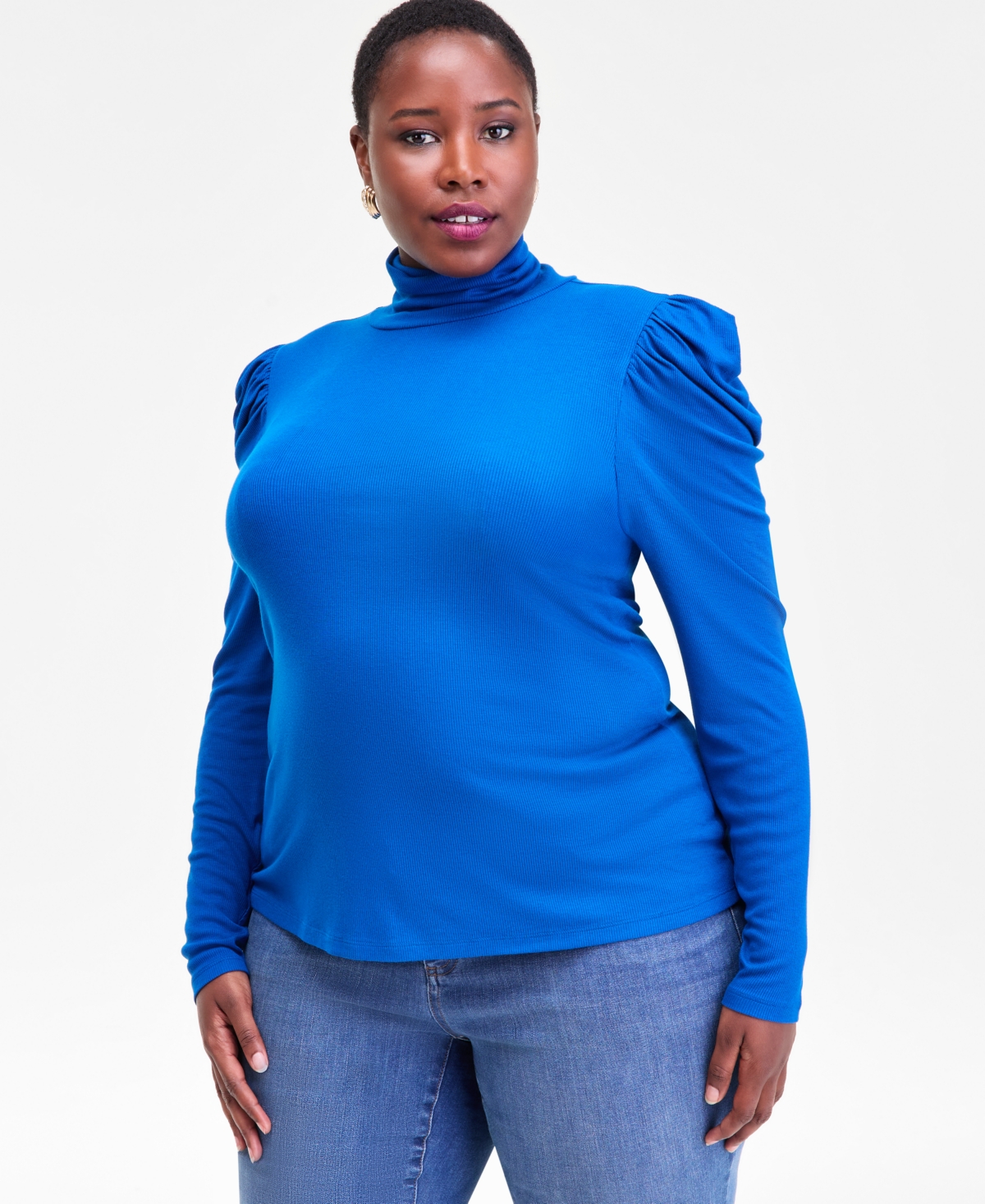 I.n.c. International Concepts Plus Puff-Shoulder Ribbed Turtleneck, Created for Macy's
