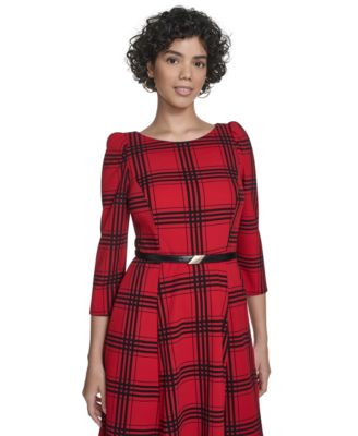 Women's 3/4-Sleeve Plaid Midi Dress