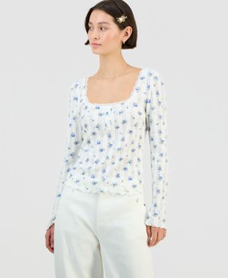 Juniors' Ditsy-Print Pointelle-Knit Top