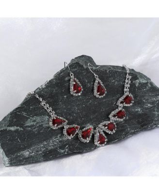 Women's Red Embellished Teardrop Necklace And Earrings (Set Of 2)