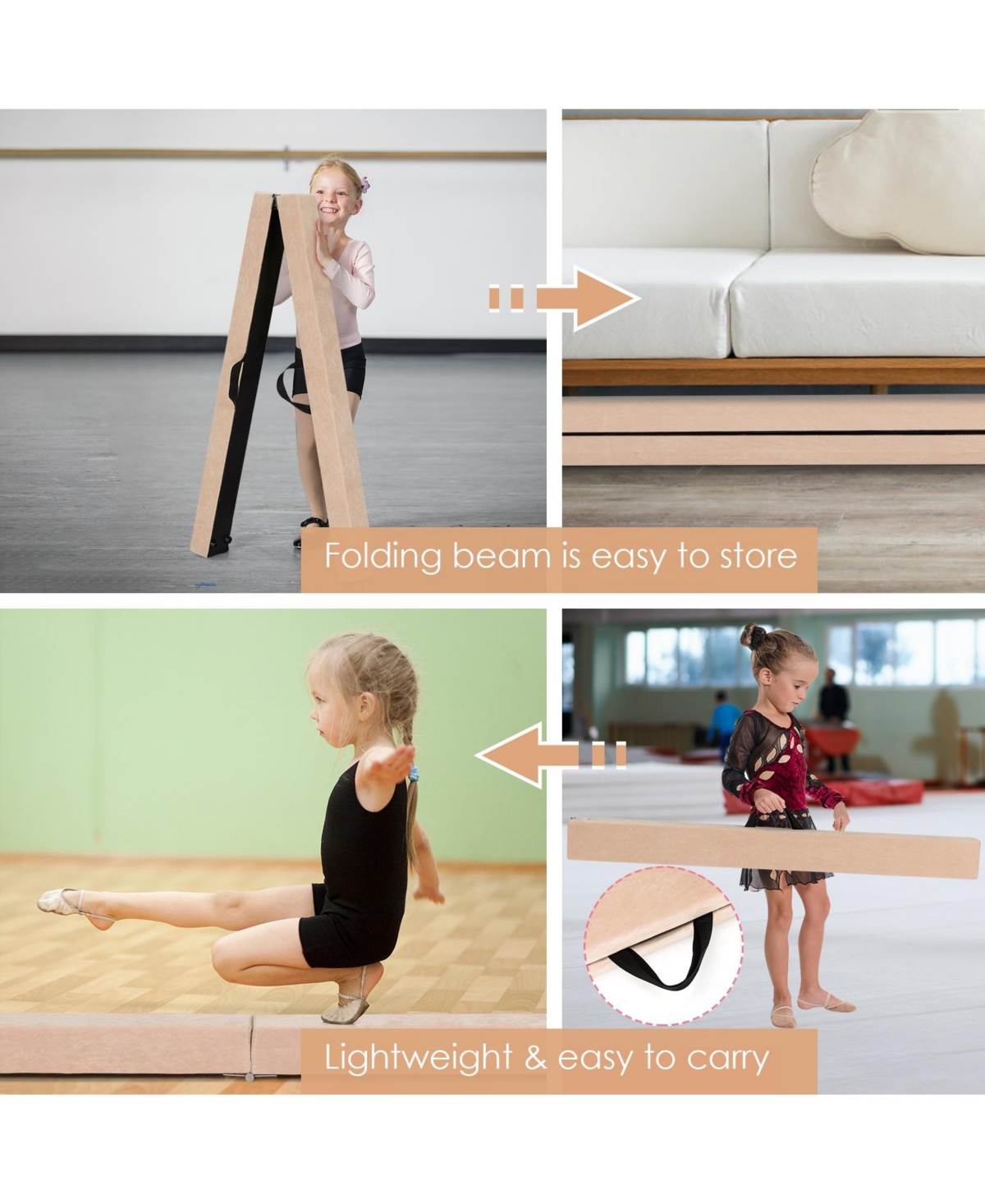 7 Feet Folding Portable Floor Balance Beam with Handles for Gymnasts-Brown