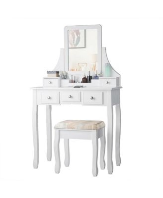 Makeup Vanity Set with Mirror and Cushioned Stool