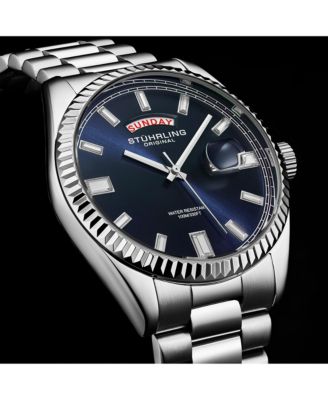 Statesman 4070 Men s Watch – Stainless Steel Bracelet, Blue Dial, Day-Date Quartz, 42mm Fluted Bezel