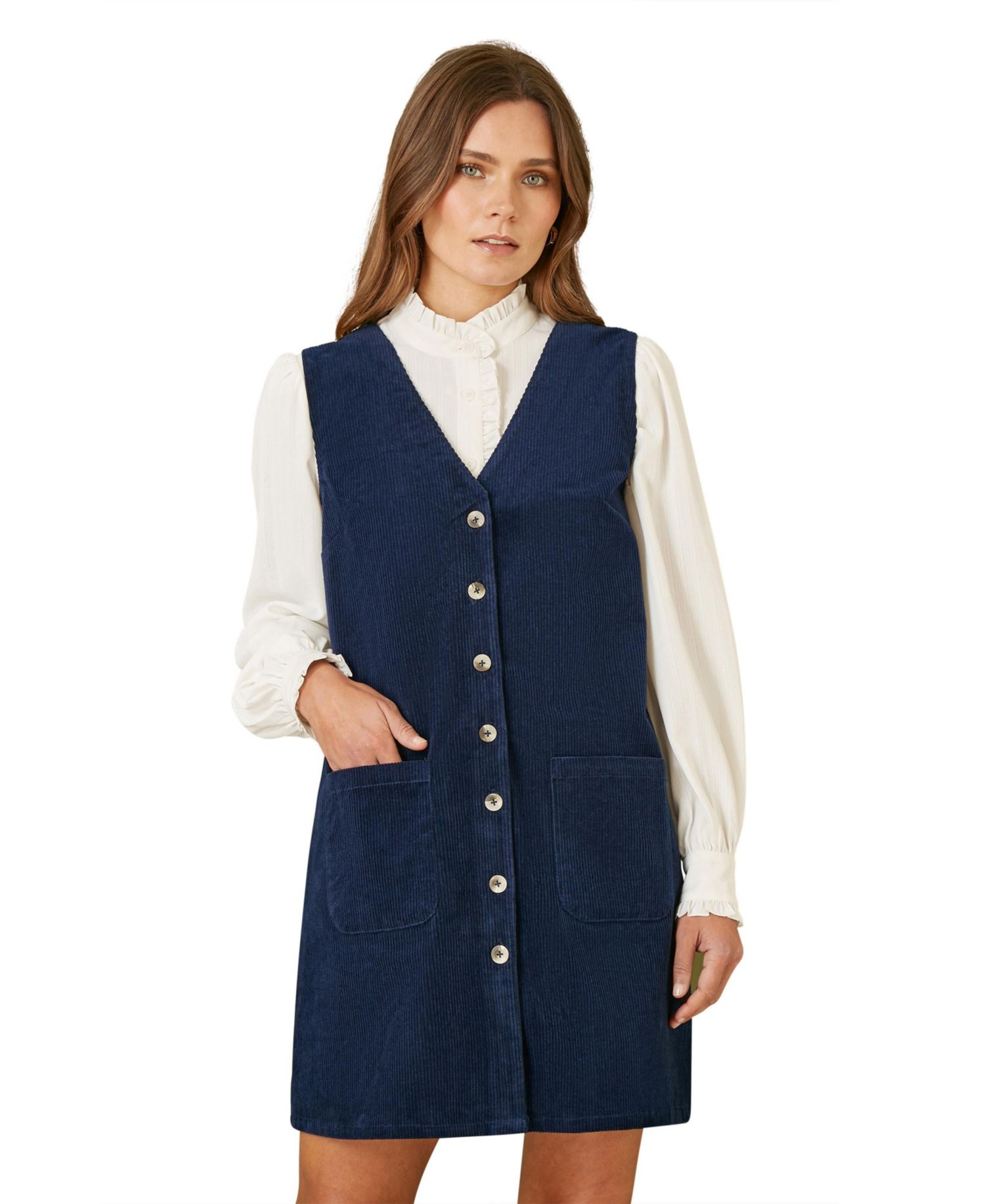 Women's V-Neck Cord Pinafore Dress