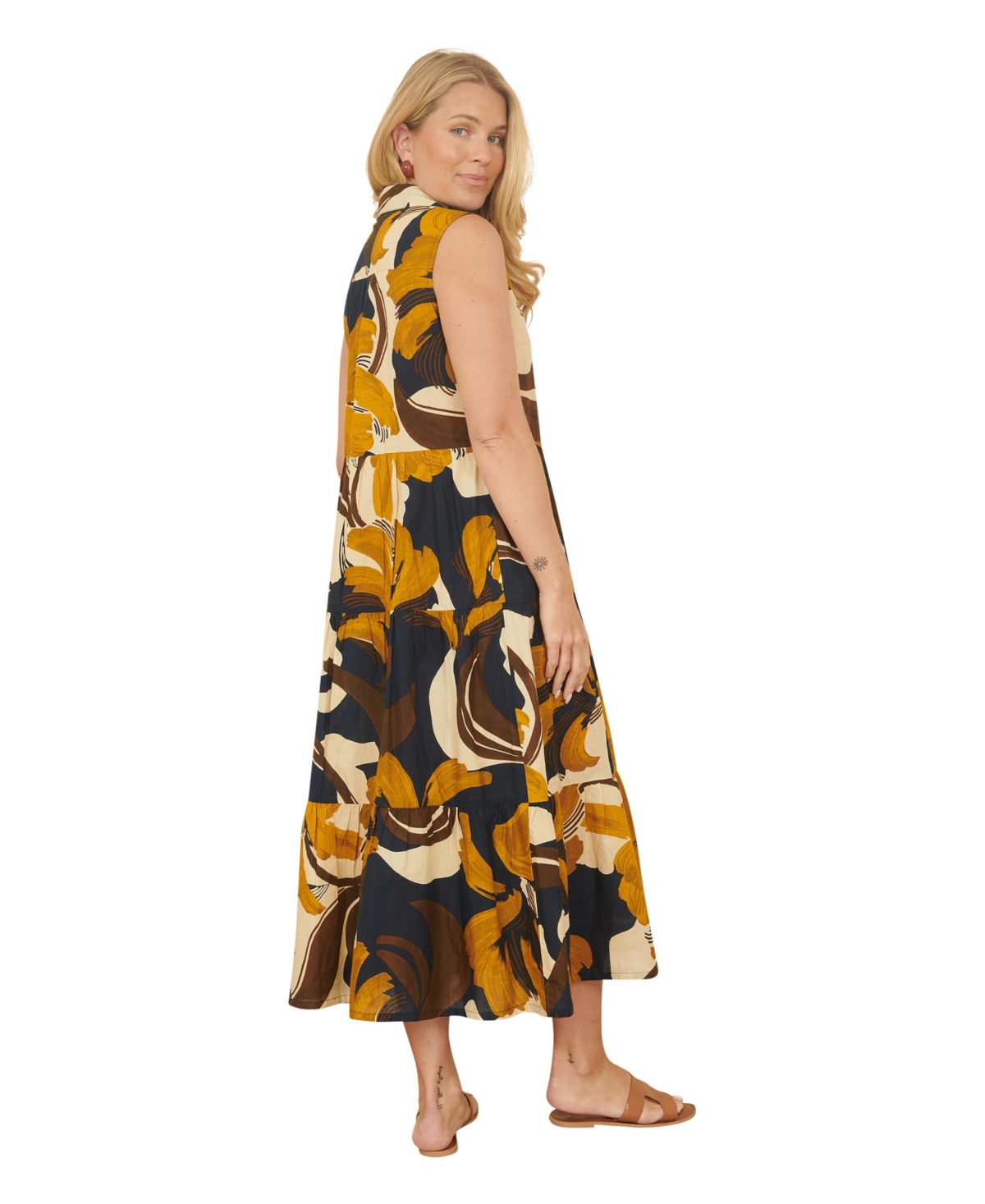 Yumi Women's Cotton Leaf Midi Sleeveless Shirt Dress