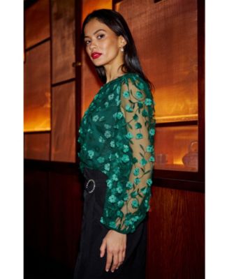 Women's Long Sleeve Sheer Floral Top
