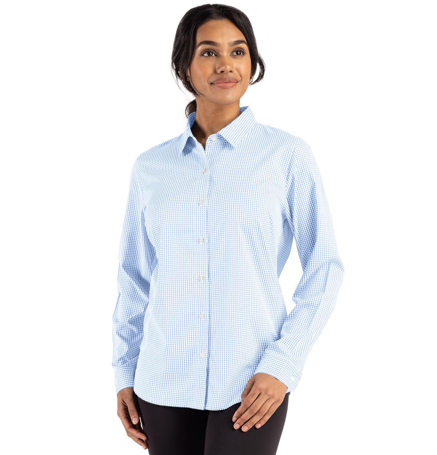Женская рубашка Cutter & Buck Skyline Epic Confidence Recycled Gingham Long Sleeve Dress Shirt, цвет: Белый — фото 2