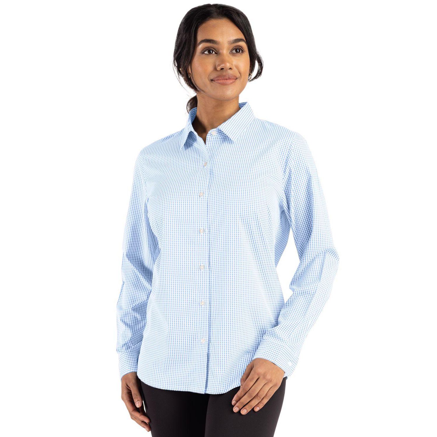 Women's Cutter and Buck Skyline Epic Confidence Recycled Gingham Long Sleeve Dress Shirt