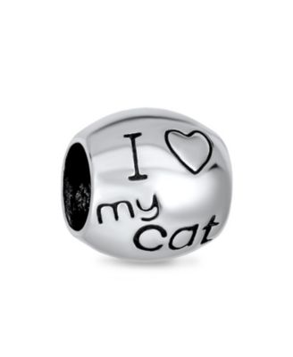 Set of 2 Mommy Cat & Kittens Family & I Love My Cat Round Charm Bead Sterling Silver