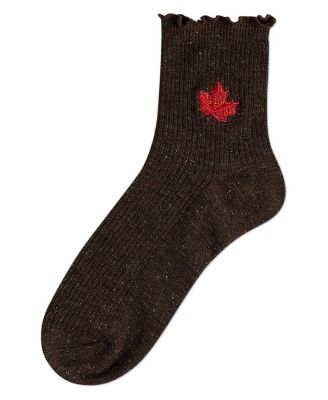 Women's Sparkly Ribbed Lettuce Edge Embroidered Leaf Crew Sock