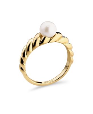 Freshwater Pearl on Rope Ring in Gold Plated Sterling Silver, Size 9