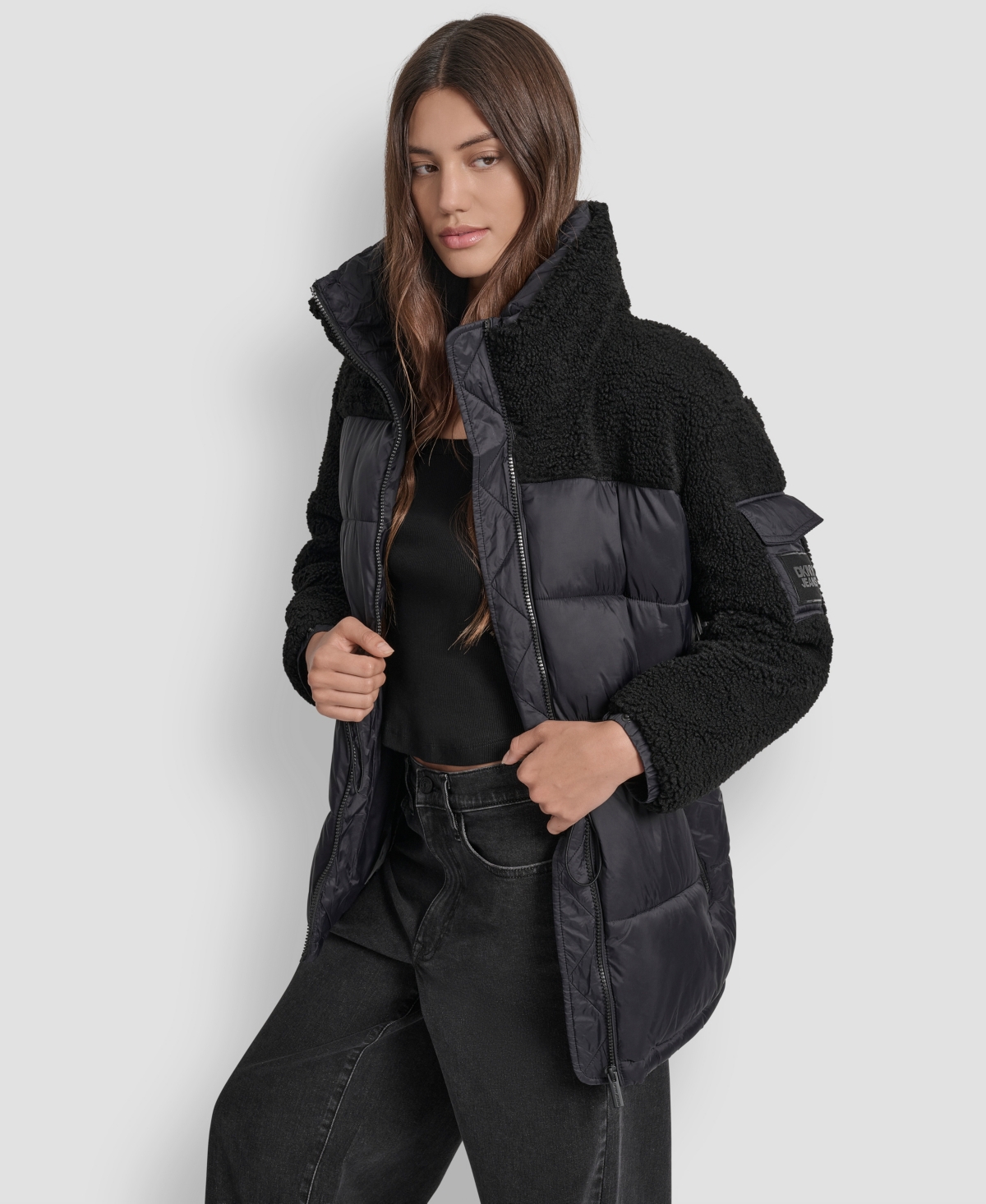 Dkny Jeans Women's Faux-Sherpa Puffer Mixed Coat - BLK