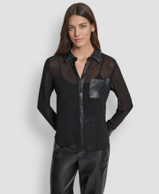 Women's Faux-Leather Trim Sheer-Mesh Shirt