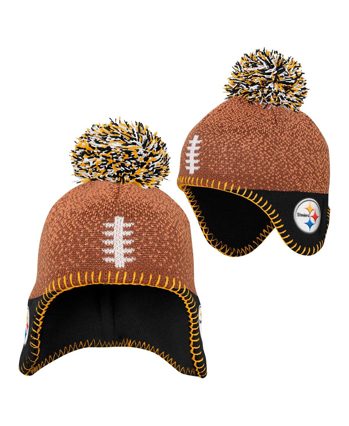 Outerstuff Preschool Brown Pittsburgh Steelers Football Head With Pom Knit Hat In Brown