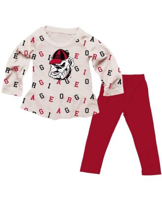 Wes & Willy - Girls Toddler 2-Piece Oatmeal Georgia Bulldogs Ruffle Raglan Long Sleeve T-Shirt and Leggings Set