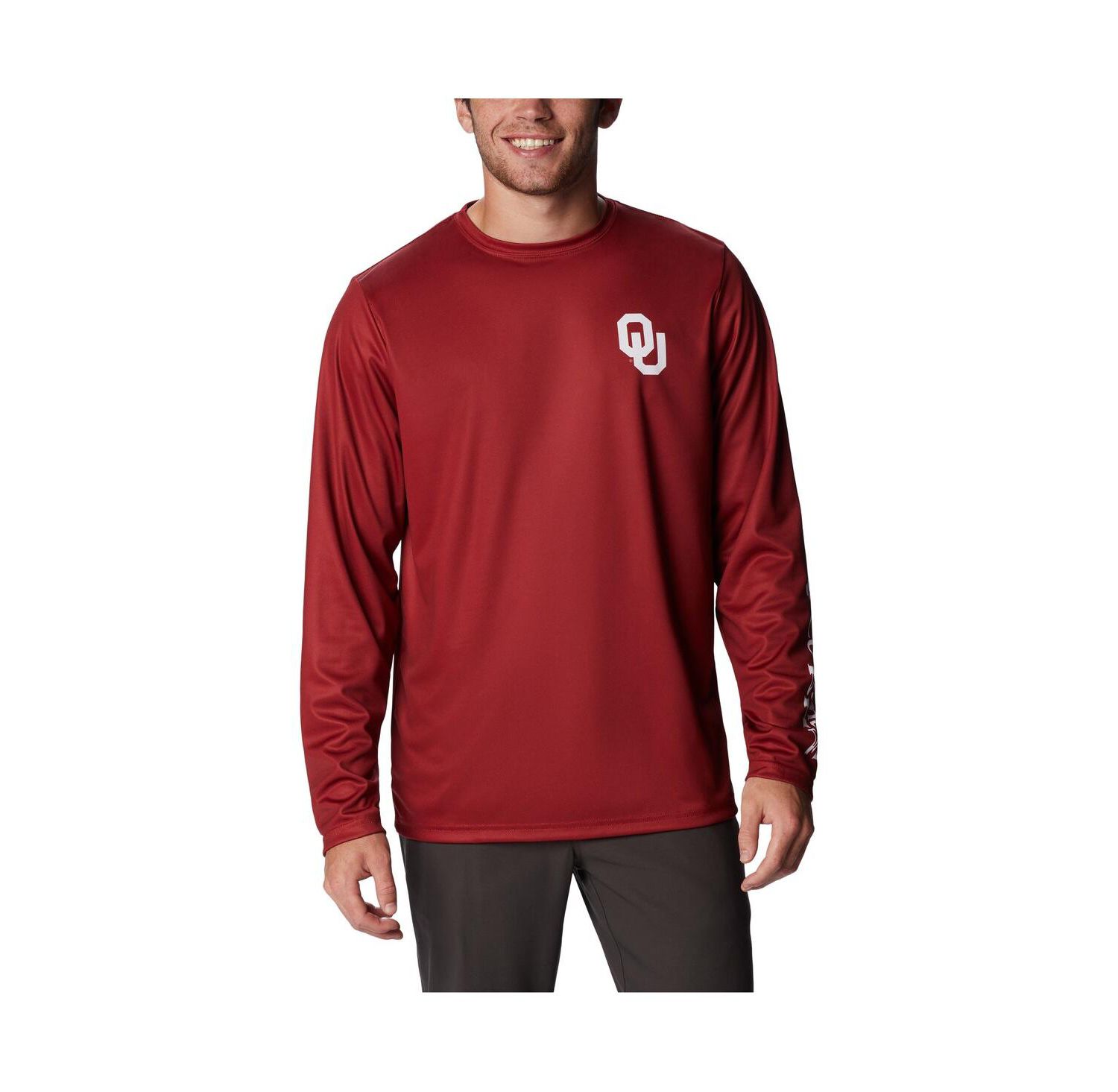 Men's Crimson Oklahoma Sooners Terminal Tackle Omni-Shade Raglan Long Sleeve T-Shirt