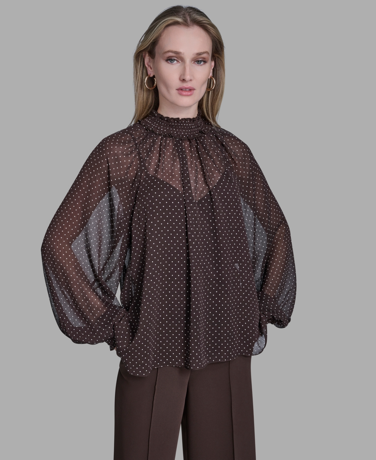 Bcbg Women's Smocked High Neck Top In Brown