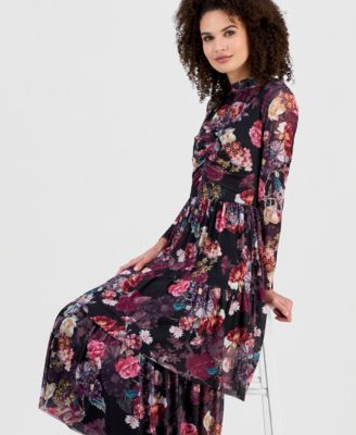 Women's Floral Mock Neck Tiered Midi Dress