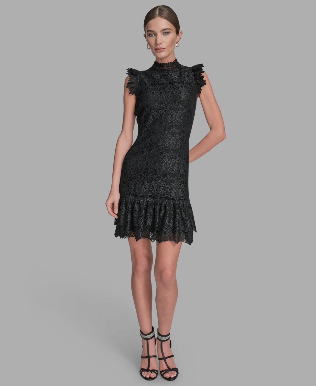 Bcbg Women's Floral Lace Ruffle Hem Shift Dress In Black