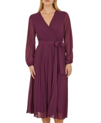 Women's Long Sleeved Pleated Midi Wrap Dress
