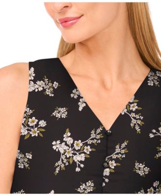 Women's Floral Shirred Button Down Sleeveless Top