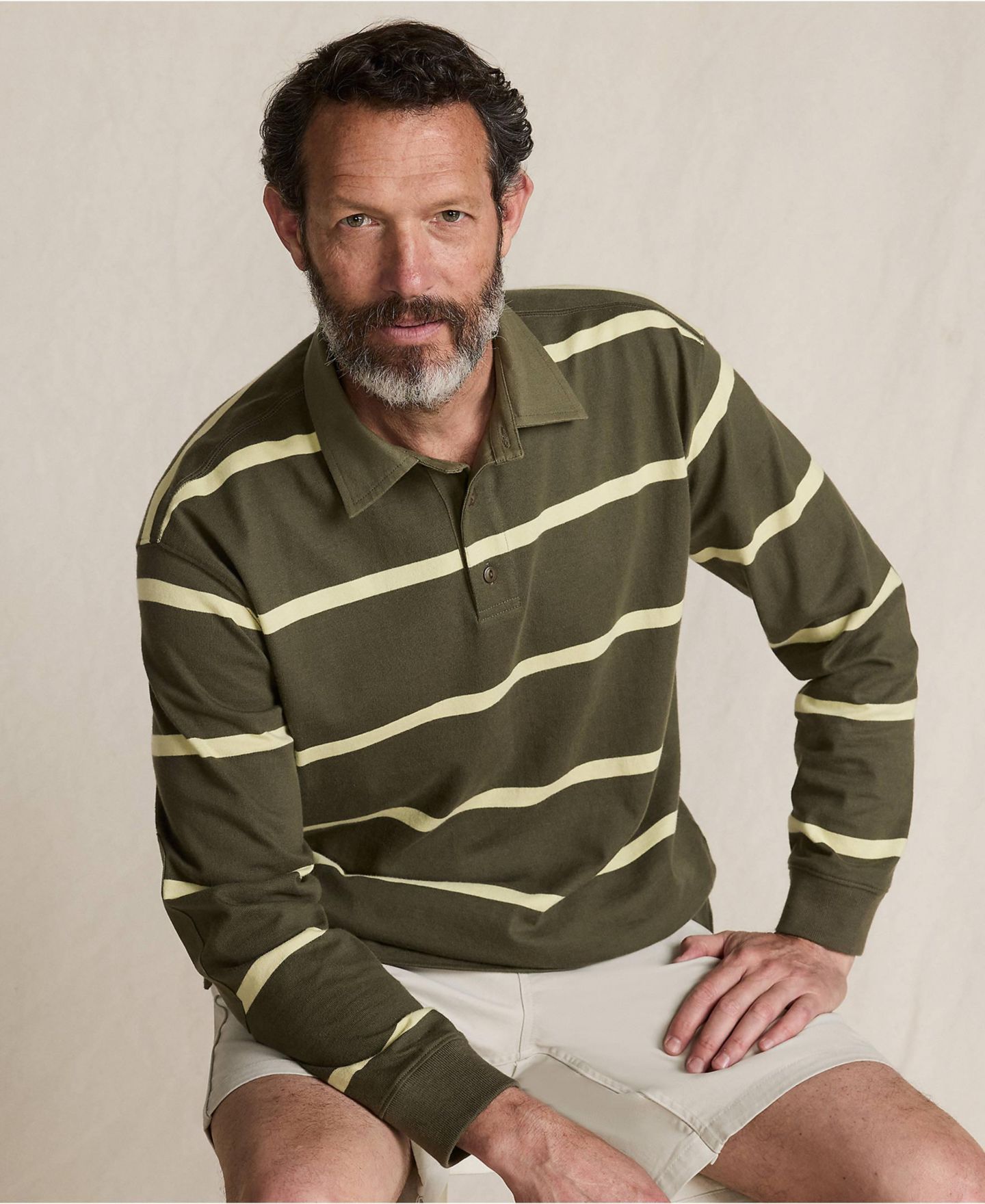 Мужское поло Lands' End Long Sleeve Rugged Rugby Polo, цвет: Тёмно-зелёный мох / Лаймовый полосатый — фото 3