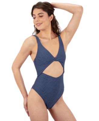 Juniors' Wave Jacquard Twist-Front Cheeky One Piece Swimsuit 