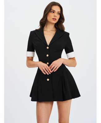 Women's Ilitha Black Woven Crepe Pleated A-Line Mini Dress