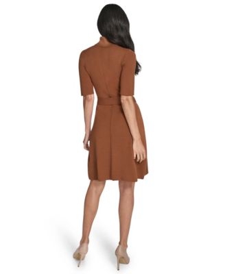 Women's Turtle Neck Elbow Sleeve Belted Dress