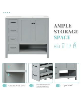 36&amp;#x22; Solid Wood and MDF Bathroom Vanity with Sink Top, Cabinet Doors, Drawers and Open Shelf